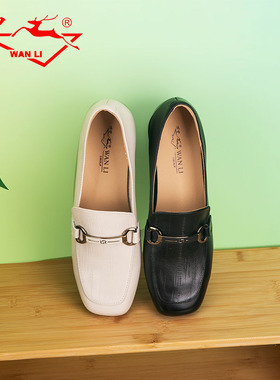 万里新款简约复古休闲鞋百搭粗跟一脚蹬真皮通勤女鞋HDT2148