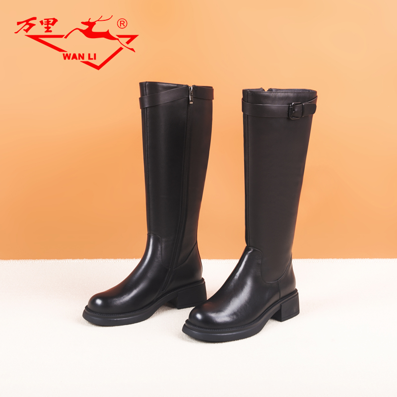 万里冬季气质时尚真皮长筒靴后拉链圆头厚底粗跟女靴HXT612