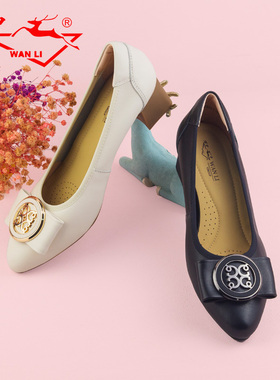 万里新款真皮浅口单鞋百搭粗跟通勤鞋时尚蝴蝶扣低帮女鞋HMT206