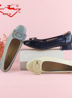 万里新款真皮女鞋时尚方扣浅口单鞋百搭粗跟一脚蹬通勤鞋HKT2945