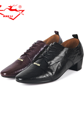 万里新款复古休闲鞋舒适百搭粗跟系带单鞋时尚真皮女鞋HKT2132