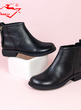 万里新款真皮单靴时装小短靴女时尚后拉链百搭粗跟马丁靴KMT6748