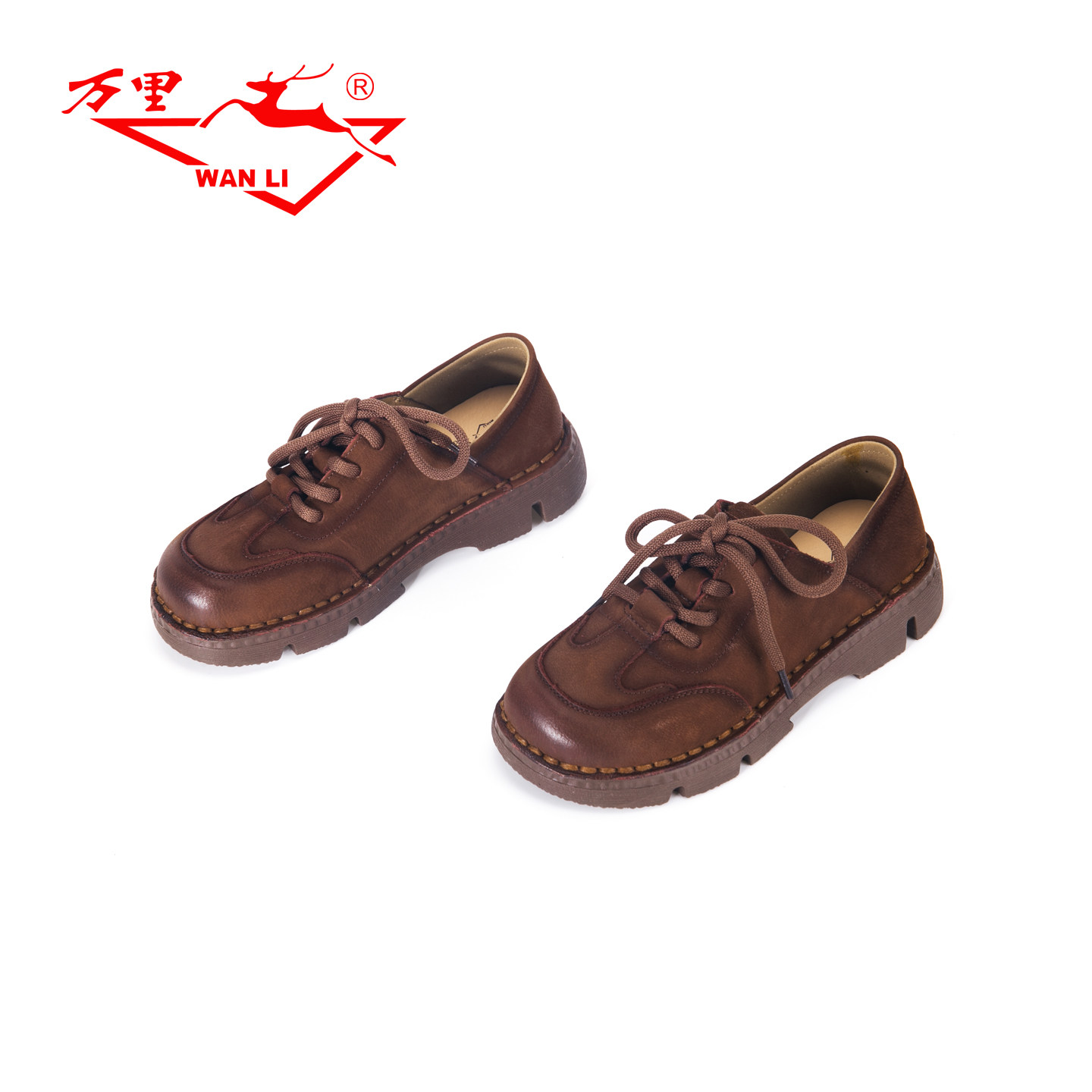万里新款真皮休闲单鞋百搭圆头系带款复古萝莉风女鞋BYT2369