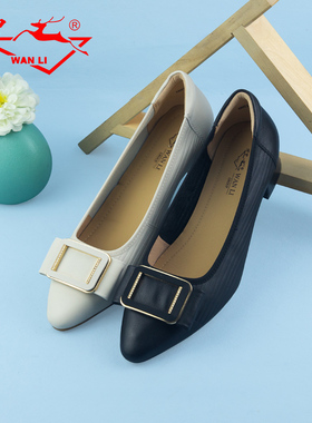 万里新款时尚方扣真皮女鞋舒适一脚蹬单鞋百搭粗跟通勤鞋HMT201