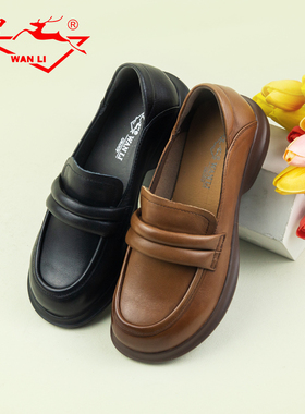 万里新款时尚英伦小皮鞋女百搭低跟一脚蹬真皮乐福鞋SRT2643