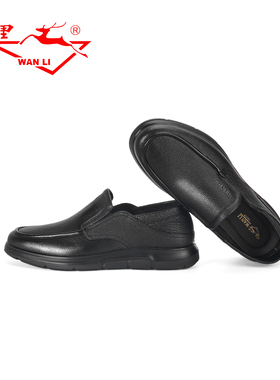 万里新款真皮商务休闲鞋圆头套脚通勤单鞋舒适低帮男鞋BHT1247