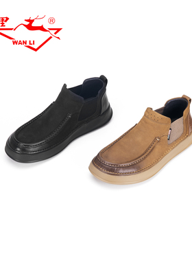 万里新款时尚真皮男单鞋舒适一脚蹬平底鞋百搭圆头低帮鞋BGT1208