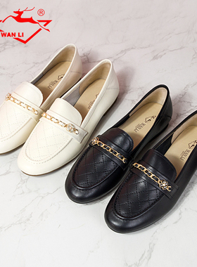 万里新款真皮复古乐福鞋百搭低跟女鞋时尚两穿优雅单鞋KMT2387