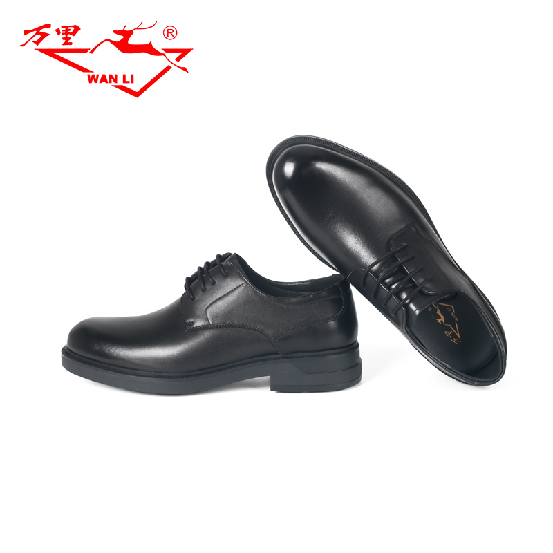 万里商务休闲鞋轻奢真皮正装鞋百搭粗跟圆头系带男鞋HBT1158