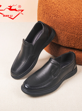 万里新款皮鞋一脚蹬舒适男士单鞋牛皮圆头商务休闲鞋HET1155DS