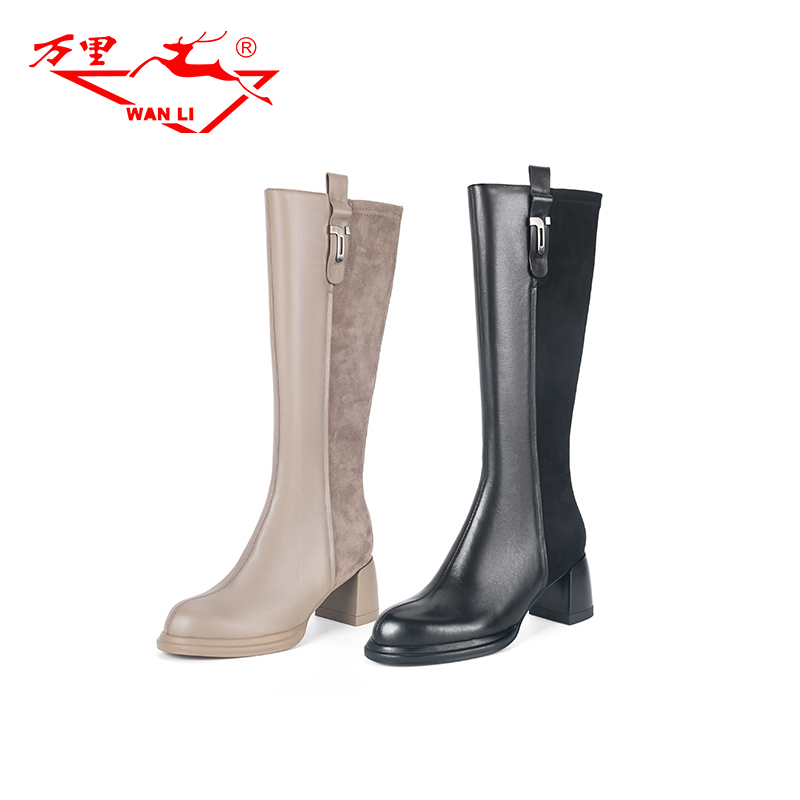 万里简约时尚长筒靴粗跟真皮
