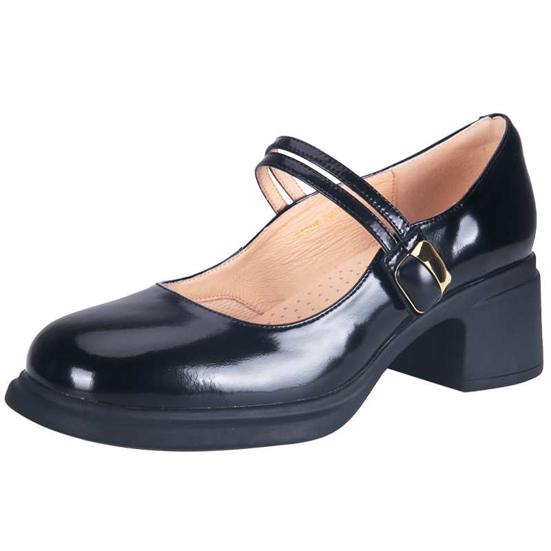 万里新款真皮时尚玛丽珍鞋舒适魔术贴单鞋百搭圆头粗跟鞋HLT2126