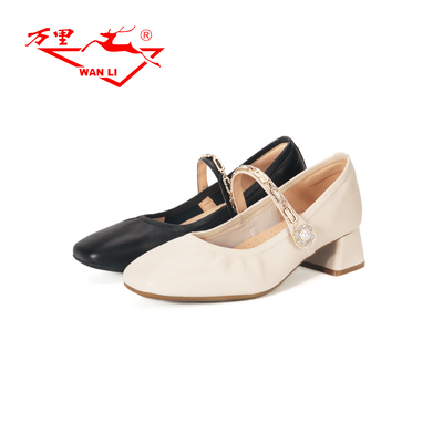 万里真皮玛丽珍女鞋百搭粗跟休闲鞋时尚一字带浅口单鞋BMT2332
