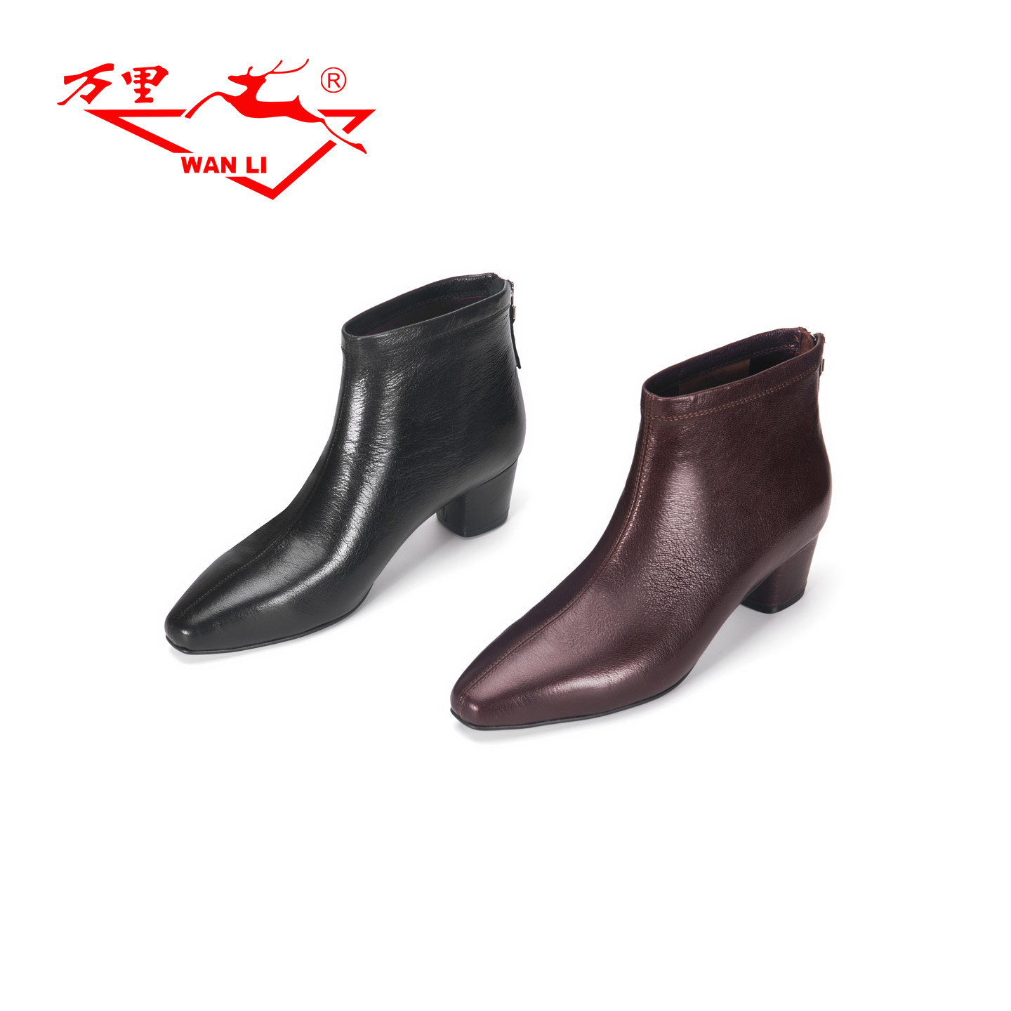 万里新款轻奢真皮短靴百搭粗跟冬靴时尚后拉链女靴BXT6111