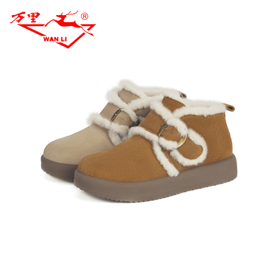 万里新款女棉鞋加绒保暖魔术贴平底真皮韩式休闲鞋HCT6102