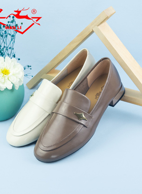 万里新款真皮女鞋百搭圆通粗跟乐福鞋舒适一脚蹬休闲单鞋STT2778