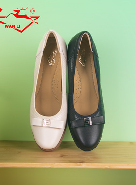 万里新款真皮浅口一脚蹬女鞋气质高跟鞋百搭粗跟单鞋HMT2105