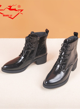 万里新款真皮马丁靴时尚冬季短靴侧拉链女棉鞋HMT657