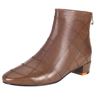 万里新款真皮圆头时装靴百搭粗跟冬靴时尚后拉链加绒女短靴HKT603