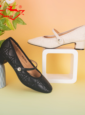 万里新款真皮女鞋时尚一字扣带单鞋舒适粗跟通勤休闲鞋HKT2135