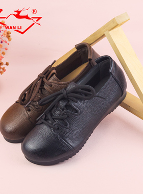 万里新款真皮复古女鞋百搭系带圆头低帮鞋舒适软底休闲鞋SRT2895