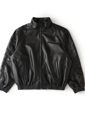 FCG&FW25联名Leather Track Jacket刺绣Logo拉链立领皮衣夹克外套