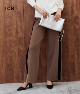 商场同款 ICB日系秋季 拼边松紧腰喇叭裤 混纺针织阔腿裤 通勤宽松款