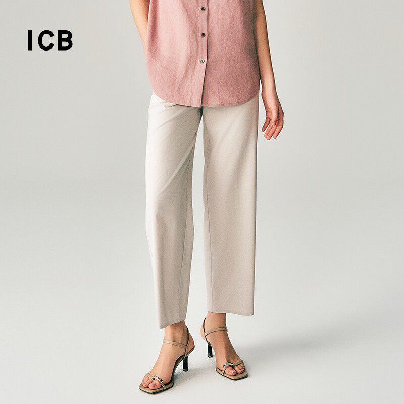 ICB日系春季通勤职业OL半松紧腰混纺直筒长裤休闲阔腿裤商场同款
