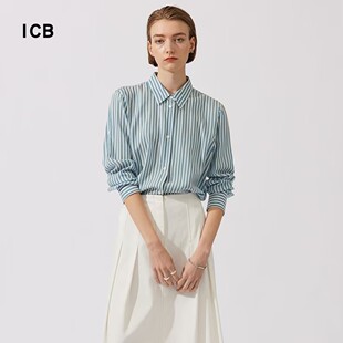 商场同款 ICB日系秋季 衬衣休闲衬衫 方领条纹长袖 通勤职业OL宽松版