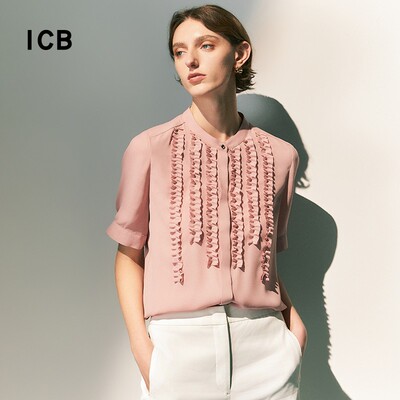 宽松小立领短袖花边衬衣商场同款