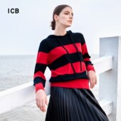 商场同款 ICB日系春季 通勤羊毛羊绒混纺连帽套头毛衣针织条纹毛衫