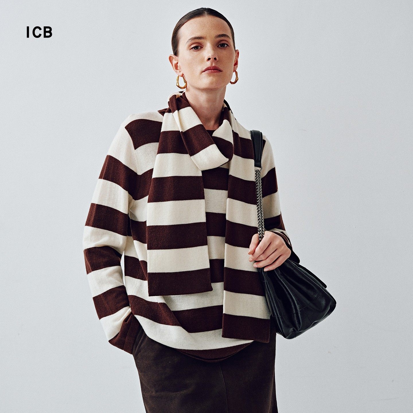 ICB日系秋季通勤棉羊毛羊绒混纺圆领条纹针织毛衣带围巾商场同款,女装/女士精品,毛针织衫,淘宝优惠券,粉丝福利购,淘宝优惠卷