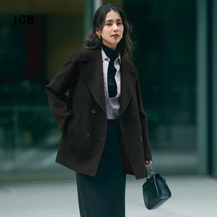 外套短大衣商场同款 ICB日系春季 通勤羊毛羊绒混纺双排扣毛呢西装