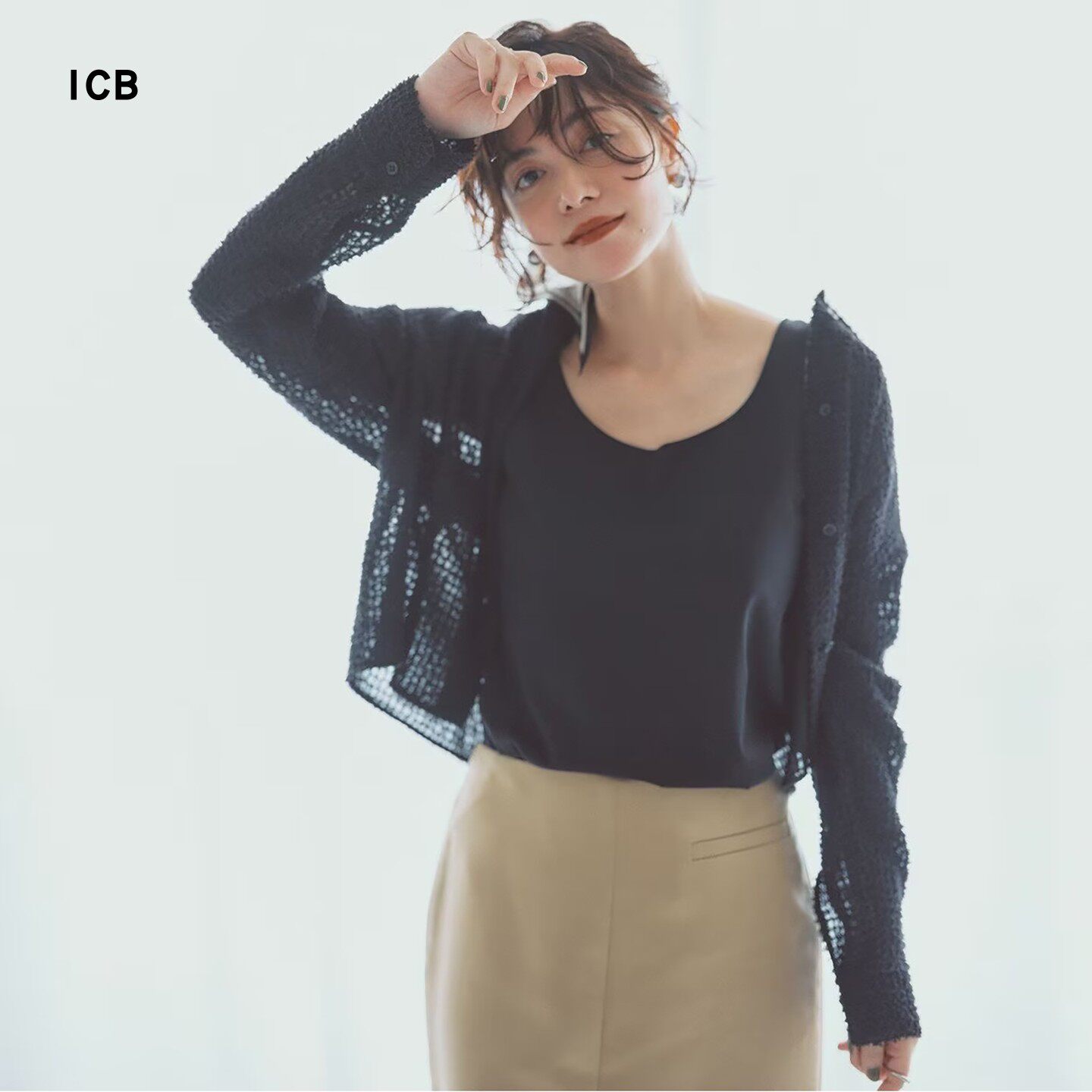 ICB日系秋季通勤宽松绣花雪纺方领短款长袖衬衣休闲衬衫商场同款
