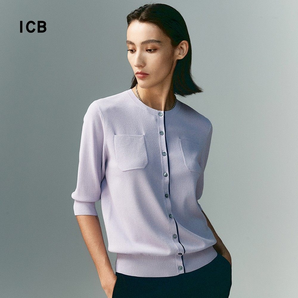 ICB日系秋季通勤宽松版混纺圆领镶边七分袖针织开衫线衣商场同款