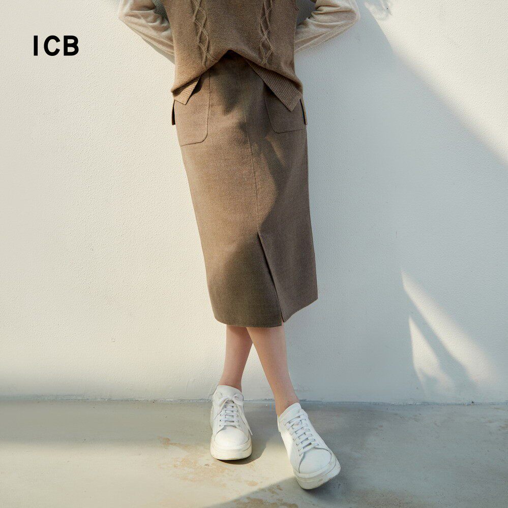 icb日系秋季通勤职业纯羊毛前开叉中长半身裙一步直筒裙商场同款