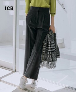 商场同款 休闲裤 通勤职业OL宽松羊毛混纺直筒阔腿长裤 ICB日系秋季