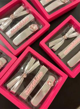 3个装 银色pu皮质发夹爱心水钻发卡BB夹侧边鸭嘴夹子蝴蝶结刘海夹