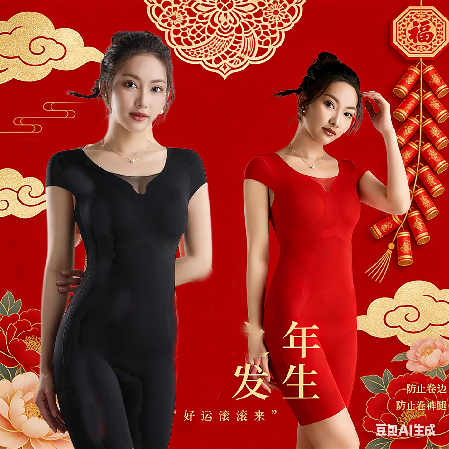 大红色塑身衣女圆领后脱塑形内衣收腹提臀束腰束身减肚美连体衣薄