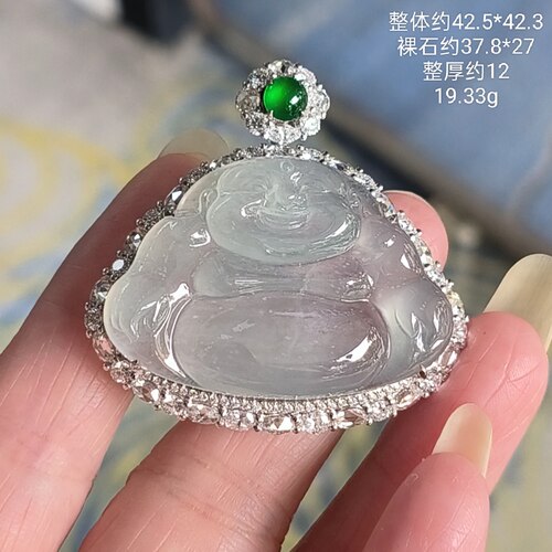 佛公天然缅甸A货翡翠冰种吊坠18k金培育钻石镶嵌