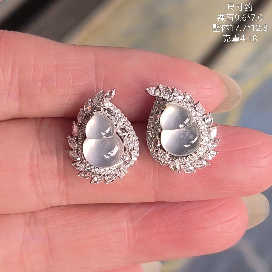 18k金伴培育钻石镶嵌冰种白冰缅甸翡翠葫芦耳钉,珠宝/钻石/翡翠,戒指/指环,淘宝优惠券,粉丝福利购,淘宝优惠卷