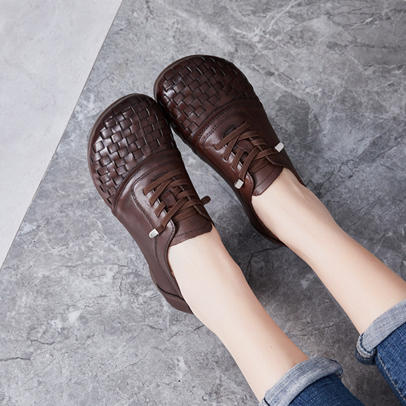 春达头层牛皮编织软底中老年妈妈鞋时尚低跟平底棉麻风小皮鞋女鞋,女鞋,深口单鞋,淘宝优惠券,粉丝福利购,淘宝优惠卷