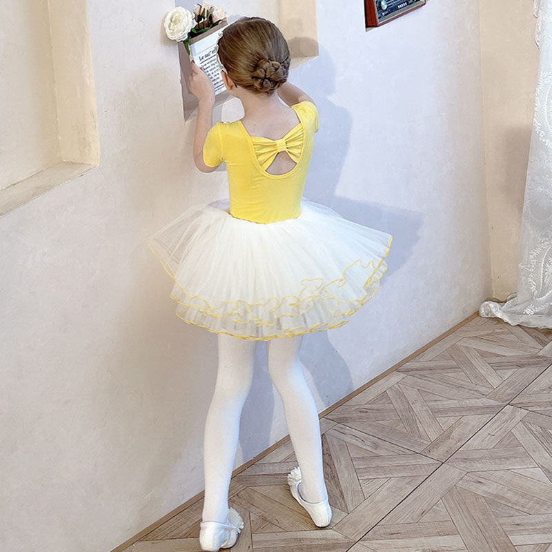 儿童舞蹈服夏季短袖女童练功服纯棉幼儿芭蕾舞裙子黄色考级练舞服