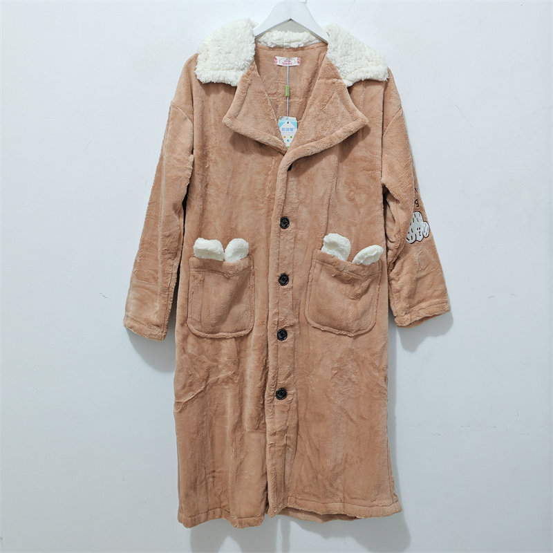 M-XL码 歌瑞曼睡衣 秋冬 女法兰绒翻领可爱中长款睡袍家居服