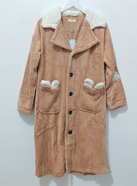 M-XL码 歌瑞曼睡衣 秋冬 女法兰绒翻领可爱中长款睡袍家居服