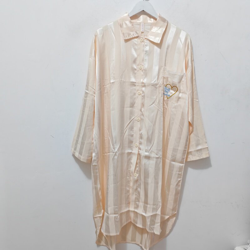 XL码 女士睡裙 夏季女 薄款冰丝男友风宽松衬衫长袖睡裙家居服