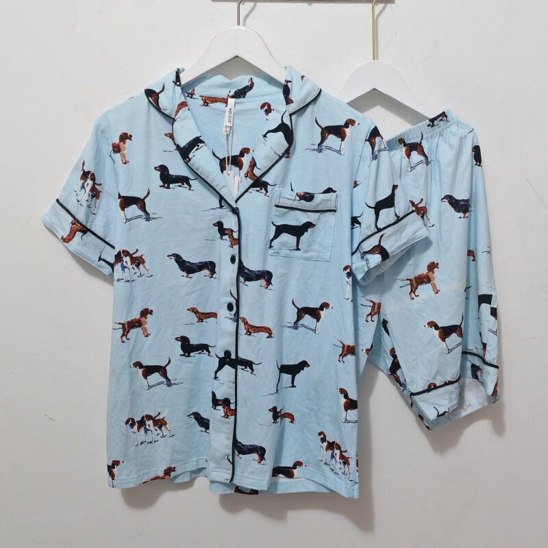 夏女翻领短袖短裤家居服套装