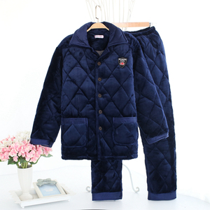 男士冬季三层加厚法兰绒夹棉珊瑚绒睡衣男加绒保暖棉袄家居服套