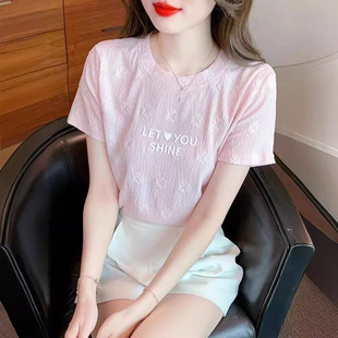 简约时尚 2025夏季 蕾丝提花小衫 法式 欧美风甜美清新女百搭 T恤短袖