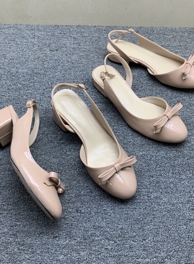 法式小圆头粗跟包头凉鞋女2025秋季新款仙女风蝴蝶结后空裸色单鞋